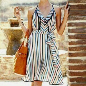 Anthropologie Girls From Savoy Gull Wing Striped V Neck Silk Dress in Sz 6